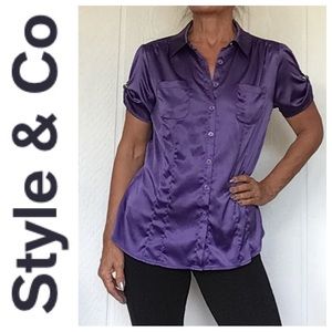 MACYS STYLE & CO PURPLE SATIN BUTTON DOWN BLOUSE SIZE 12